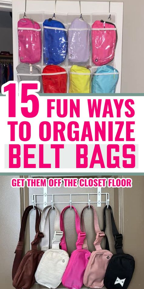 Pictures of how to organize belt bags in over the closet door shoe pockets and hooks Belt Bag Organization, Diy Belt Bag, Closet Organized, Belt Organizer, Belt Storage, Homemaking Tips, Backpack Organization, Diy Drawers, Ways To Organize