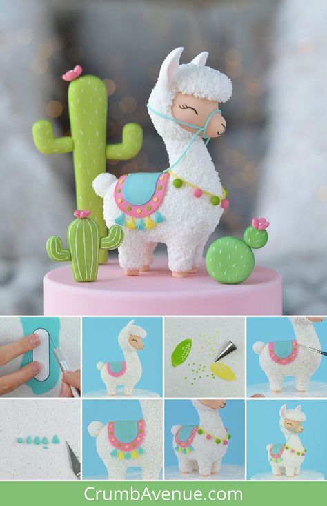 Llama Polymer Clay, Polymer Clay Cake Toppers, Clay Llama, Fondant Cactus, Lama Cake, Alpacas Cute, Fondant Cake Ideas, Alpaca Cake, Llama Cake Topper