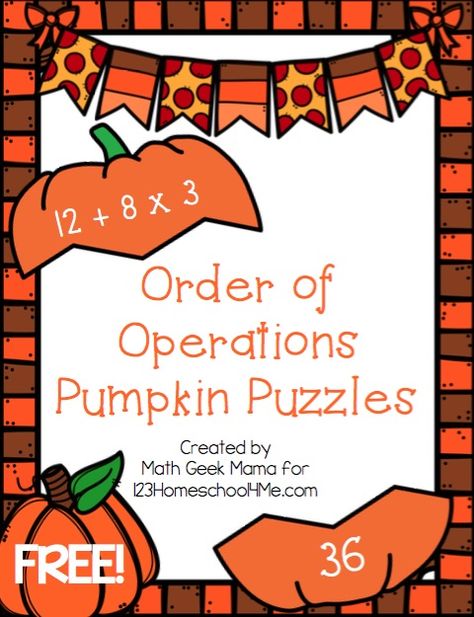 FREE Order of Operations Pumpkin Puzzles - These super cute free printable, math games will help middle schoolers (5th grade, 6th grade, 7th grade, and 8th grade) students practice order of operations while having fun with these fall themed educational activities. Games For Middle Schoolers, October Math, Fall Math Activities, Thanksgiving Math Activities, Game Math, Pumpkin Math, Printable Math Games, Halloween Math Activities, Maths Activities Middle School