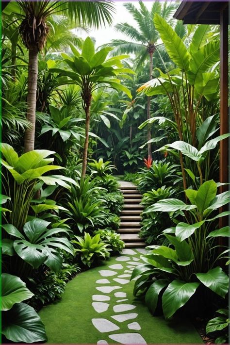 Tropical Garden Aesthetic, Modern Tropical Garden, Tropical Backyard Landscaping, Relaxing Garden, Balinese Garden, Island Garden, Tropical Landscape Design, Florida Landscaping, Tropical Garden Design