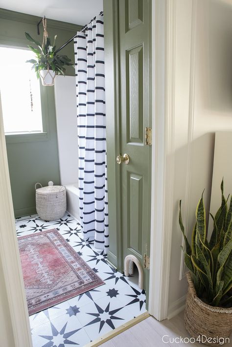 cat hole door in linen closet as litterbox area Removable Bathroom Flooring, Stick And Peel Bathroom Tile, Neutral Green Bathroom Ideas, Paint Color For Black And White Tile Bathroom, Front Bathroom Ideas, Bathroom With Green Floor Tile, White Bathroom Green Accents, Bathroom Stick On Tiles Wall, Floorpops Bathroom