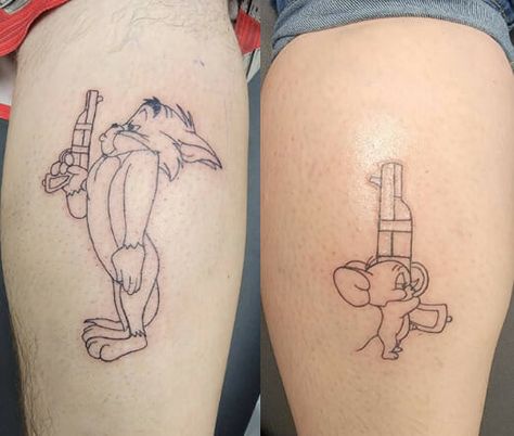 Another cartoon tattoo that represents your steadfast love after every argument is the Tom and Jerry design. This tattoo symbolizes that the two of you will still be together after every argument or difficult circumstance. Matching Father Daughter Tattoos Funny, Tom And Jerry Sibling Tattoos, Matching Cartoon Tattoos, Tom And Jerry Tattoos, Tom And Jerry Tattoo Ideas, Hers Tattoo, Tattoo With Deep Meaning, Tom Og Jerry, Tom And Jerry Tattoo