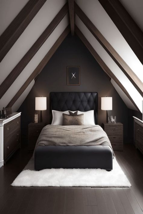 Celestial Lighting, Dark Modern Bedroom, Cozy Attic Bedroom, Small Attic Bedroom, Minimalist Elements, Bedrooms For Couples, Cozy Attic, Dream Bedroom Inspiration, Maximize Small Space