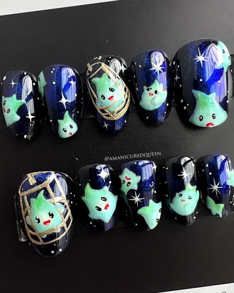 Geeky Nail Designs, Amazing World Of Gumball Nail Art, Rosalina Nails, Lumalee Tattoo Ideas, Lumalee Tattoo, Nerdy Nail Art, Videogame Nails, Gaming Nails, Video Game Nails