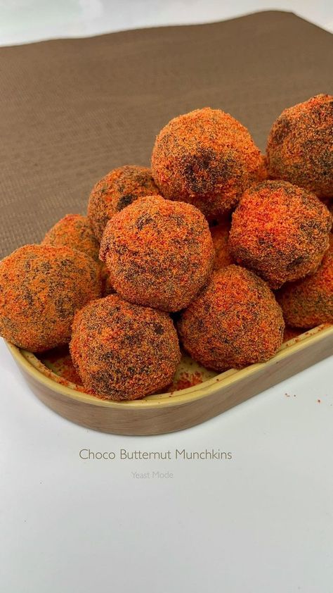 Choco Butternut Munchkins | Choco Butternut Munchkins ✔️Streusel 1/4 cup melted butter [60 grams] 1 to 2 tbsp orange food color (liquid) 2 cups all purpose flour [270 grams] 1 cup... | By Yeast Mode Choco Butternut Munchkins, Butternut Munchkins, Munchkins Recipe, Choco Butternut, Orange Food, Orange Food Coloring, Food Babe, All Purpose Flour, Food Coloring