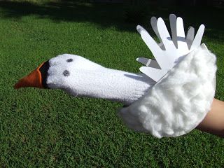 swan or goose hand puppet | Waltzing Matilda: September Book Club Goose Craft, Nursery Rhyme Crafts, Bird Puppet, Fairy Tale Crafts, Learning To Dance, Sock Puppet, Fairy Tale Theme, Puppets Diy, Dance In The Rain