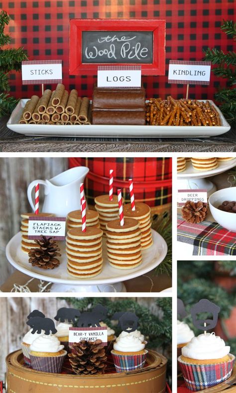 February First Birthday Boy, February 1st Birthday Ideas Boy, February Birthday Party Ideas For Boys, Plaid Party Ideas, Black Bear Birthday Party, Lumberjack Party Ideas, Birthday Food Ideas, One Happy Camper Birthday, Happy Camper Birthday Party