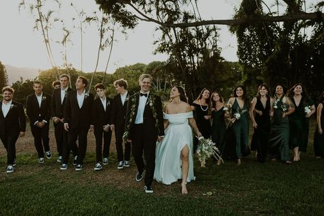 Groomsman Vans, Green Bridesmaid Dresses And Black Groomsmen Suits, Groomsmen In Vans, Emerald Green And Black Groomsmen Attire, Groom With Vans, Emerald Green Groomsmen Attire Casual, Mixed Green Bridesmaid Dresses With Groomsmen, Suit With Vans, Green And Black Wedding Party