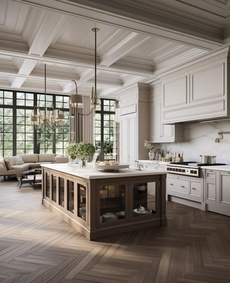 High End Transitional Kitchen, Oversized Kitchen Island Farmhouse, White Big Kitchen, Luxury Modern Farmhouse Kitchen, Kitchen Tall Ceilings, Oversized Island Kitchen, Extra Large Kitchen Island, Huge Kitchen Luxury, Formal Kitchen