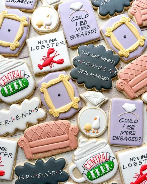 Emily’s Bake Shop on Instagram: "Friends themed bridal shower cookies to celebrate Michelle’s special day! Absolutely loved creating this cookie set! 🦞💜 • • #emilysbakeshop #customcookies #decoratedcookies #njbaker #njcookies #sugarcookies #sugarcookiedecorating #sugarcookiemarketing #bridalshowercookies #weddingcookies #njbride #njbrides #engagementcookies #friends #friendscookies" Friends Cookies Tv Show, Friends Bachelorette Cookies, Friends Themed Cookies, Friends Royal Icing Cookies, Friends Wedding Shower Theme, Friends Cookies Decorated, Friends Themed Bridal Shower Ideas, Friends Bridal Shower Theme, Friends Themed Wedding