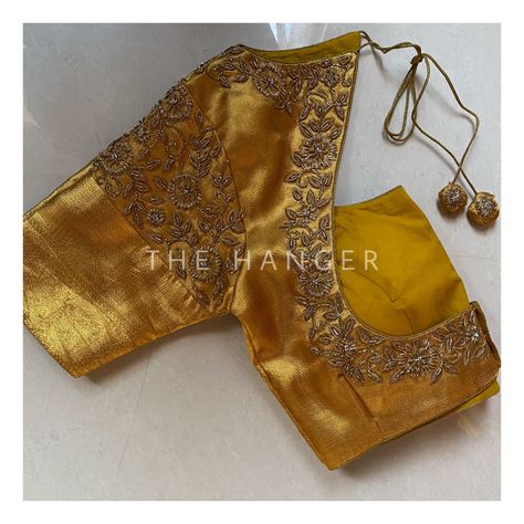 Reach us on our instagram handle to place order Maggam Work Blouse Designs Latest Simple Thread Work, Gold Saree Blouse Design, Marriage Blouses, Yellow Blouse Designs, Simple Maggam Work Blouse, Simple Maggam Work, Gold Blouse Designs, Blouse Design Aari Work, Blouse Maggam Work