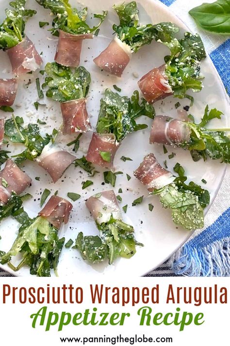 Prosciutto Wrapped Arugula is the perfect crowd-pleasing appetizer. An arugula salad with lemon and parmesan cheese, transformed into irresistible festive finger-food. Friends and family will devour these delicious bites which my husband adores and has renamed Prosciugula! #ProsciuttoAppetizer #ProsciuttoArugula #FingerFood #PartyAppetizer Arugula Appetizer, Prosciutto Appetizer, Unique Salad, Goat Cheese Appetizer, Cheese Appetizer, Prosciutto Wrapped, Caprese Skewers, Salad With Lemon, Liquid Nitrogen