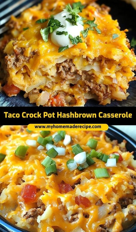 This taco crock pot hashbrown casserole is the easiest hashbrown casserole for taco lovers. Cheesy, flavorful, and cooked in a crockpot, it’s the best casserole for busy days Ground Beef And Hashbrown Recipes Crock Pot, Taco Hashbrowns Crockpot, Hashbrown Casserole Instapot, Taco Hashbrown Crockpot Recipes, Quick Hashbrown Casserole, Taco Hash Brown Casserole Crockpot, Shredded Hashbrown Taco Casserole, Ground Beef Hashbrown Crockpot Recipes, Quick Easy Slow Cooker Meals