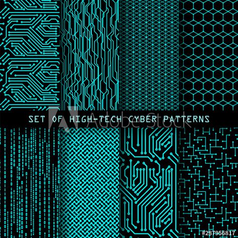 Vector: Set of seamless cyber patterns. Circuit board texture. Digital high tech style vector backgrounds. Circuit Board Aesthetic, Cyberpunk Texture, Circuit Board Wallpaper, Electronic Tattoo, 3d Music, Circuit Board Design, Tech Aesthetic, Tech Background, China Town