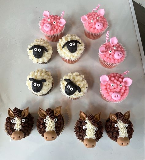 Barnyard Animal Cupcakes, Rabbit Cupcakes, Farm Cupcakes, Barnyard Cupcakes, Shaun The Sheep Cake, Sheep Cupcakes, Cow Cupcakes, Farm Birthday Cakes, Birthday Cupcakes Boy