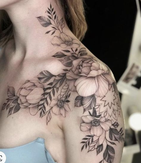 Shoulder Cap Tattoo, Floral Tattoo Shoulder, Tattoo Shoulder, Upper Arm Tattoos, Floral Tattoo Sleeve, Flower Sleeve, Flower Tattoo Sleeve, Delicate Tattoo, Tatuaje A Color