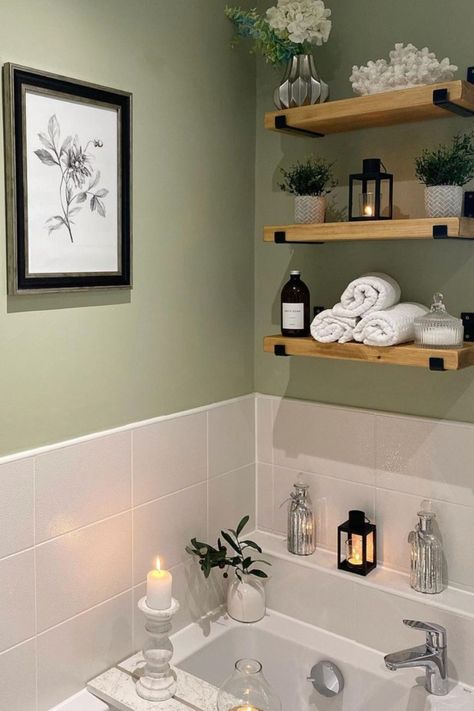 28 Bathroom Counter Decor Ideas To Quickly Upgrade Your Space - The Chic Quota Green Wall Bathroom Ideas, Small Bathroom Spa Decor Ideas, Sage Green Bathroom Decor Ideas, Grey And Sage Bathroom, Bathroom Green Decor, Decorated Bathrooms Ideas, Cream And Green Bathroom, Bathroom Ideas Sage Green, Boho Bathroom Color Schemes