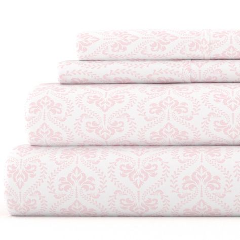 Give your room a refreshing new look and feel with this patterned 4 piece sheet set. Featuring an elegant design of lightly outlined flowers and vines, each piece is double brushed to give the set an ultra soft and cozy texture. Our premium yarns are twice as durable as cotton, wrinkle resistant and ideal for sensitive skin and those with allergies. Twin size comes as a 3 piece set with one pillowcase. Pink Bed Sheets, Pillow Case Mattress, Pattern Sheet, Pink Sheets, College Apartment Decor, Percale Sheets, Pink Pattern, Twin Sheet Sets, Pink Room