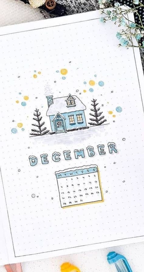 50+ Beautiful Bullet Journal Monthly Covers for 2024 - The Planner Addict December Journal Ideas Cover, Bullet Journal Decembre, December Journal Cover, Winter Bujo, December Bullet Journal Cover, Christmas Bullet Journal Ideas, Winter Bullet Journal, December Bullet Journal Ideas, Artist Hue