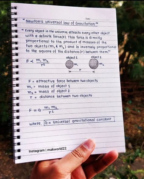 Study notes📒📝📚 (Newton's Universal law of gravitation) . . Materials used: Pen : Montex Spice Gel Notebook : A5 notebook by @kalp.shop . . . . #calligraphy #alphabets #fonts #calligraphylettering #calligraphybasics #calligraphyvideo #calligraphyart #calligraphydaily #calligrafriends #physicsnotes #handwriting #handwritinggoals #upsc #generalknowledge #handletteringdaily #art #artdaily #calligraphyday #moderncalligraphy #instaart #knowledge #physics #reelsinstagram #viralart #artreels #scien... Gravitation Notes, Alphabets Fonts, Calligraphy Alphabets, Physics Laws, Law Notes, Calligraphy Video, Newtons Laws, Physics Notes, Writing Goals