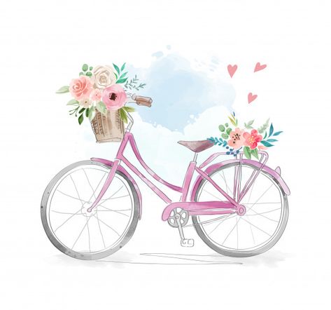 Watercolor bicycle with flowers in baske... | Premium Vector #Freepik #vector #flower #watercolor #floral #nature Watercolor Bicycle, Bicycle With Flowers, Bicycle Drawing, Cycle Drawing, Cycle Painting, Basket Drawing, Bicycle Painting, Bicycle Art, Cat Air