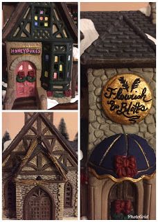 The Three Broomsticks logo is made as three actual tiny broomsticks! The three buildings used in the DIY Hogsmeade Christmas Village from Harry Potter.  These are made using old christmas village buildings and repainting them, along with creative logos. Hogsmeade Christmas, Harry Potter Christmas Village, Gryffindor And Slytherin, Flourish And Blotts, Hogsmeade Village, Harry Potter Christmas Decorations, Three Broomsticks, Hogwarts Christmas, Village Ideas