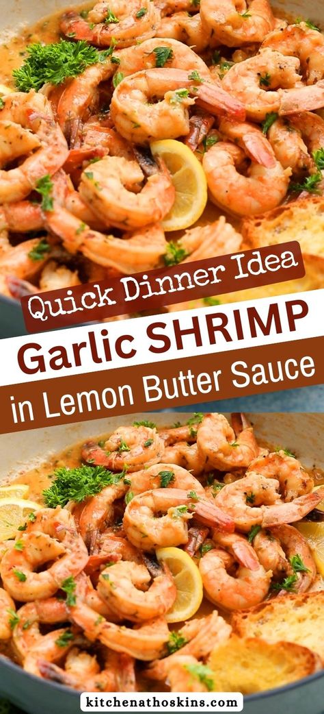 Learn how to make the best garlic butter shrimp recipe which makes a quick and easy weeknight dinner in 20 minutes. Tender and juicy shrimp is tossed in a lemon garlic butter sauce and is delicious served with bread, pasta or rice. Get the easy garlic shrimp recipe using fresh or frozen shrimp at kitchenathoskins.com. Shrimp Butter Sauce, Easy Garlic Shrimp, Sauteed Shrimp Recipe, Best Garlic Butter, Lemon Butter Shrimp, Frozen Shrimp Recipes, Snails Recipe, Buttered Shrimp Recipe, Lemon Garlic Butter Sauce