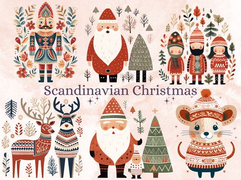 Nordic Christmas Illustration, Scandinavian Christmas Art, Scandinavian Christmas Illustration, Nordic Christmas Scandinavian Style, Scandinavian Folk Art Christmas, Nordic Xmas, Nordic Illustration, Scandinavian Santa, Nordic Folk Art