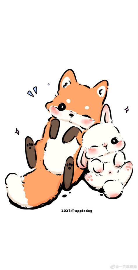 Fox And Bunny Wallpaper, Cute Fox Wallpaper Cartoon, Kawaii Fox Drawing, Cute Chibi Bunny, Cute Fox Wallpaper, Fox And Bunny, Fox Wallpaper, Bunny Drawing, 캐릭터 드로잉