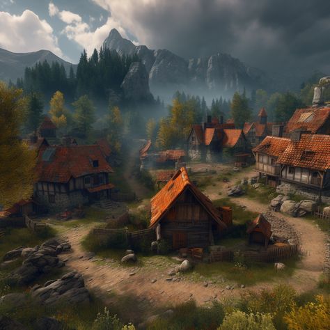 Medieval Farming Village, Werewolf Village, Fantasy Mountain Village, Medieval Village Art, Fantasy Setting Village, Medieval Fantasy Village, Village Rpg, Kingdom Village, Dnd Village