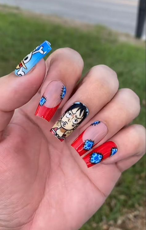 Anime Eyes Nails, Cute Anime Nail Designs, One Piece Nail Art Luffy, Anime Inspired Nails One Piece, One Piece Nails Design, Gojo Inspired Nails, One Piece Inspired Nails, Zoro Nails, Uñas One Piece