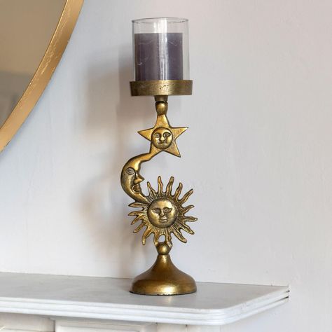 Celestial Candle Holder, Sun And Moon House Decor, Antique Gold Decor, Whimsigoth Decor Ideas, Whimsy House Decor, Celestial Home Aesthetic, Celestial Room Ideas, Celestial Furniture, Green And Gold Room