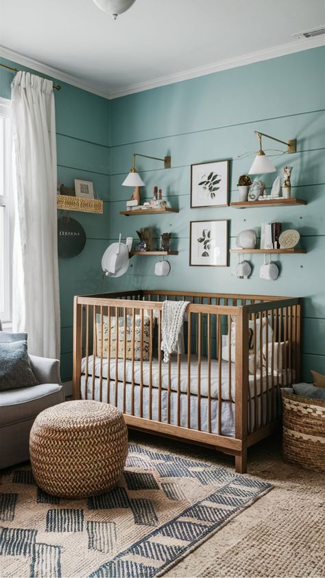 Discover the latest nursery room design trends for creating a cozy and functional space for your little one. Get inspired by beautiful nursery decor ideas to make the perfect haven for your baby. From whimsical wall art to comfortable furniture choices, explore ways to design a nurturing environment that stimulates growth and development. Find tips on organizing and optimizing space in the nursery while maintaining a stylish aesthetic. White Wall Nursery, Vintage Forest Nursery, Accent Wall For Nursery, Boy Nursery Ideas Simple, Gender Neutral Nursery Blue Walls, Baby Boy Nursery Wallpaper Bohemian, Simple Boy Nursery, Teal Nursery Gender Neutral, Teal And Yellow Nursery