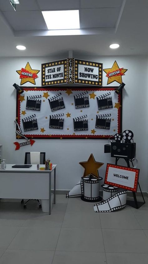 Cinema Classroom Theme, Movie Bulletin Boards, Hollywood Crafts, Broadway Themed Room, Star Of The Month, Cinema Theme, Hollywood Theme Classroom, Popcorn Theme, Deco Cinema