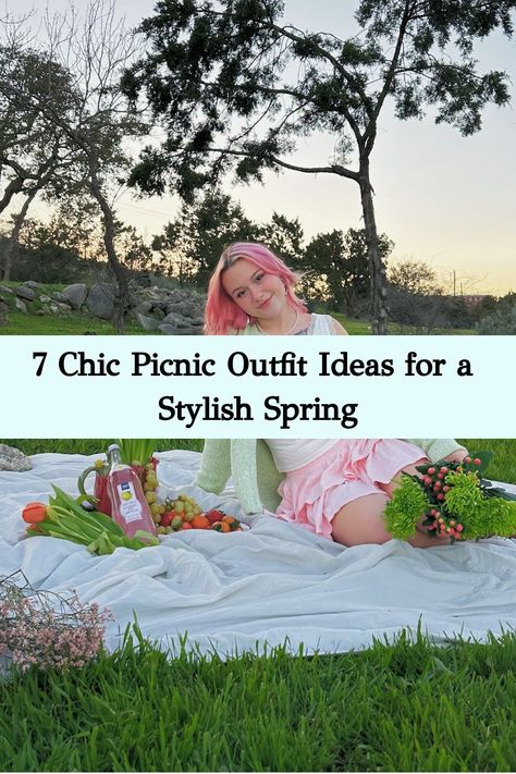 The person is wearing a light green cardigan, a white lace-trimmed top, and a pink skirt. Comfy Picnic Outfit, Spring Picnic Aesthetic Outfit, Casual Spring Picnic Bags, Spring Crop Top For Picnic, Picnic Outfit Ideas, Pinterest Picnic Outfit, Neutral Handbag, Spring Magic, Grammy Awards Red Carpet