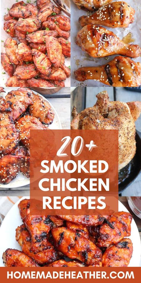 20+ Smoked Chicken Recipes - delicious, perfectly smoked chicken! Smoked Chicken Dishes, Chicken On Smoker Recipes, Chicken Recipes Smoker, What To Make With Smoked Chicken, Smoked Chicken Wings Marinade, Smoked Chicken Tenderloins, Smoked Chicken Appetizer, Indoor Smoker Recipes, Smoker Chicken Recipes