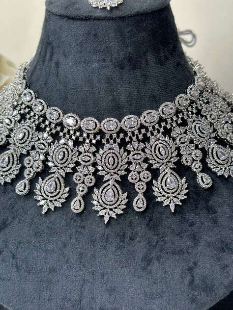 American Diamond Silver Necklace With Earrings and Tikka / - Etsy Silver Jwellary Indian, Wedding Jewellery Collection For Bride, Diamond Silver Necklace, Indian Wedding Jewelry Sets, Indian Outfits Lehenga, Silver Diamond Necklace, Silver Jewellery Indian, Wedding Jewellery Collection, Diamond Jewelry Necklace