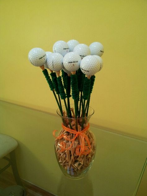 Golf Ball Bouquet :) Golf Centerpieces, Ball Bouquet, Golf Birthday Gifts, Retirement Wishes, Golf Ball Gift, Golf Ball Crafts, Golf Wedding, Golf Range, Golf School