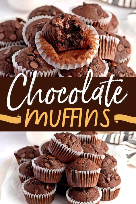 These homemade chocolate muffins are top notch! This easy recipe results in moist, sweet, delicious muffins every time. Homemade Chocolate Muffins Easy, Moist Chocolate Muffins Recipe, Chocolate Muffins No Sour Cream, Simple Chocolate Muffins, Chocolate Muffin Recipe Without Sour Cream, Chocolate Muffin Recipe Easy, Chocolate Muffins Easy, Chocolate Chip Muffins No Buttermilk, Chocolate Cupcakes No Buttermilk