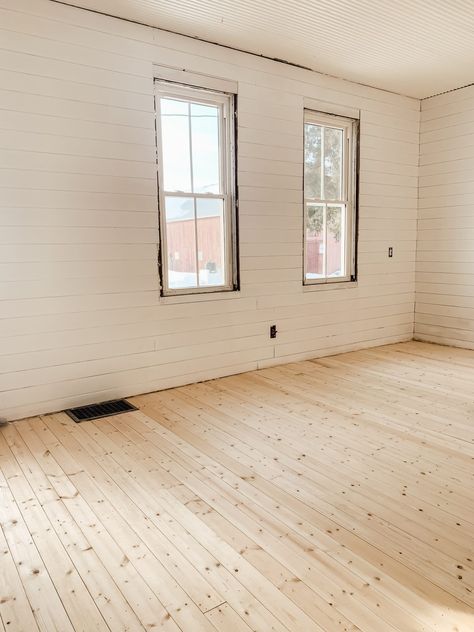 How We Installed Pine Board Flooring - Midcounty Journal Tongue And Groove Pine Flooring, Diy Wooden Floor, Board Flooring, Inexpensive Flooring, Pine Wood Flooring, Tongue And Groove Walls, Pine Flooring, Diy Wood Floors, Plywood Flooring