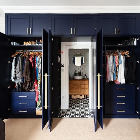 This clever wardrobe transformation hides a glamorous ensuite bathroom | Ideal Home Wardrobe Transformation, Floor To Ceiling Wardrobes, Bespoke Wardrobes, Bungalow Ideas, Thinking Cap, Bespoke Wardrobe, House Makeovers, En Suite Shower Room, Sliding Wardrobe Doors