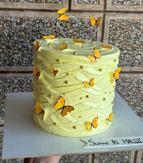 Cake for haldi ceremony.🦋🌼💛 #haldicake #haldiceremony #wedding #aesthetic #pinterest #fyp #instagram Haldi Cake, Cake Without Fondant, Haldi Ceremony, Wedding Theme Colors, Wedding Aesthetic, Aesthetic Pinterest, Themed Cakes, Fondant, Cake