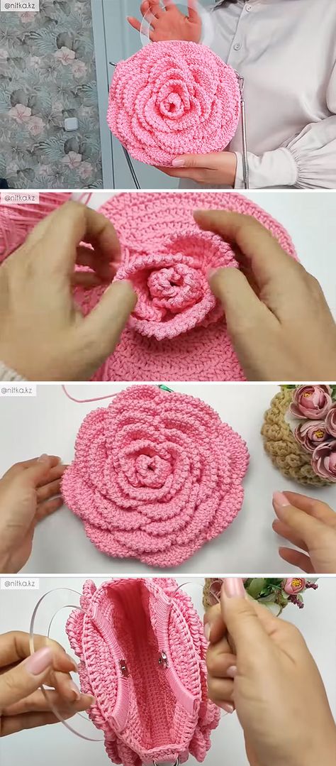 Crochet Big Flower Bag: A Step-by-Step Guide - CrochetBeja Large Crochet 3d Flowers Free Pattern, Crochet Rose Purse, Crochet Bag With Wooden Handles Free Pattern, Big Crochet Flowers Free Pattern, Crochet Rose Bag Pattern, Crochet Flower Purse Free Pattern, How To Crochet A Handbag, Big Flower Crochet, Crochet Flower Bag Pattern Free