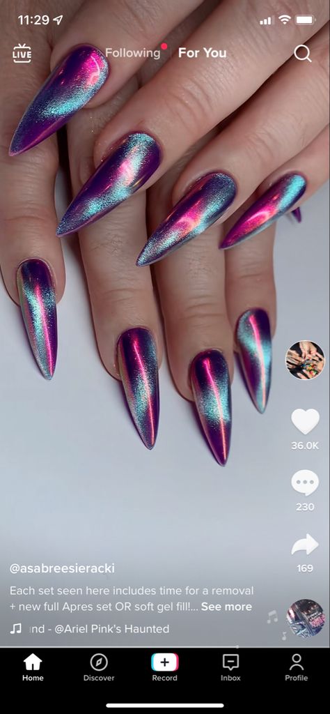 Funky Chrome Nails, Goth Almond Nails, Cat Eye Halloween Nails, Trippy Nails, Art Inventory, Nail Therapy, Funky Fingers, Polished Nails, 2024 Nails