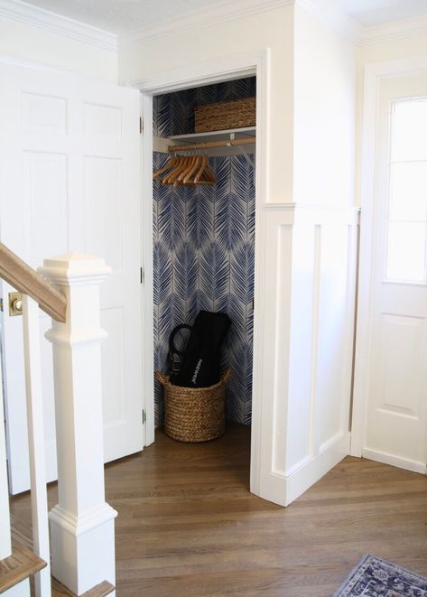 Foyer Coat Closet Makeover - Shine Your Light Wallpaper Closets, Foyer Coat Closet, Foyer Closet Makeover, Closet Wallpaper Ideas, Small Coat Closet Ideas, Entryway Coat Closet, Entryway Nook, Coat Closet Makeover, Coat Closet Ideas