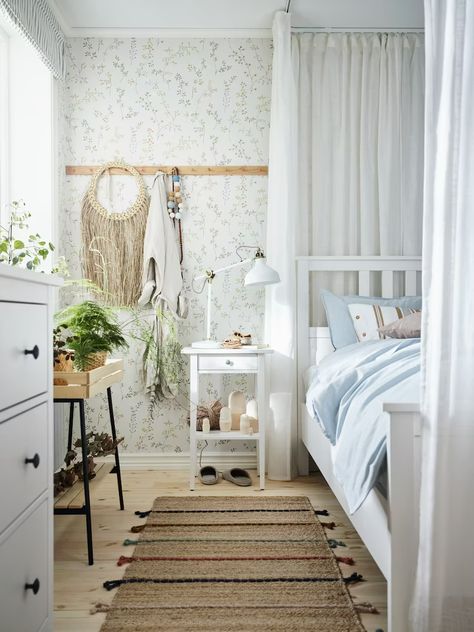 Ikea Ranarp, Light Airy Bedroom, Hemnes Bed, Airy Bedroom, Elegant Doors, Calming Bedroom, White Sheer Curtains, Work Lamp, Ikea Family