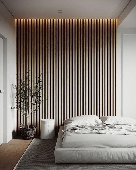 Wood Slat Trend - The Merrythought Contemporary Bedroom Design, Japandi Design, Japandi Interior, Interior Minimalista, Simple Bedroom, Bedroom Designs, Contemporary Bedroom, Luxurious Bedrooms, Wooden Wall