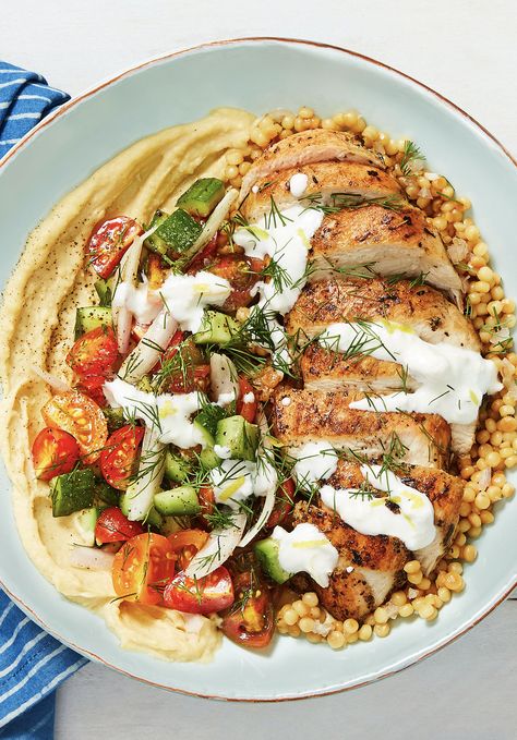 Easy Mediterranean chicken bowl recipe with hummus, tomato-cucumber salad, and creamy feta sauce | More recipes on www.HelloFresh.com Couscous Bowls, Hello Fresh Dinners, Popular Meals, Chicken Gyro, Chicken Bowl Recipe, Hello Fresh Recipes, Chicken Gyros, Hummus Recipe, Hello Fresh