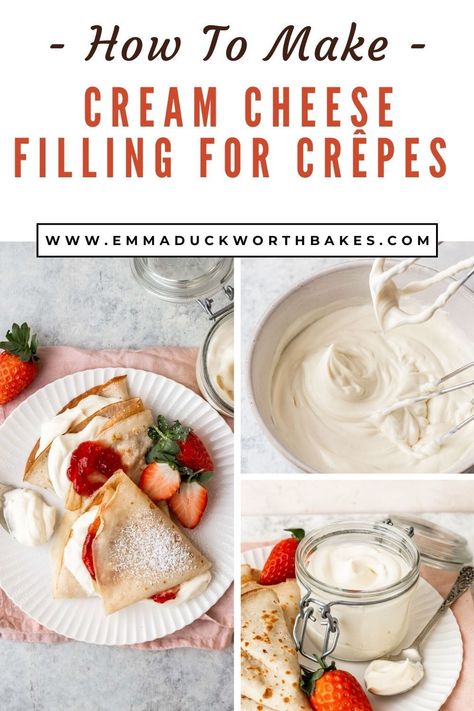 Want to elevate your crêpes? Then try out this incredible Cream Cheese Crêpes Filling that takes only 5 minutes to make. With only 4 ingredients, it's smooth, luxurious, light, and creamy. Perfect for your breakfast crêpes. Crepe Filling Recipe Cream Cheese, Toppings For Crepes, Cream Filling For Crepes, Crepes With Cream Cheese Filling, Crepes Cream Cheese Filling, Cream For Pancakes, Cream Cheese Filling For Crepes, Cream Cheese Crepe Filling Easy, Crepe Cream Cheese Filling Recipes