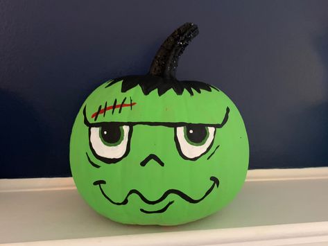 Pumpkin Painting Caroline, Frankinstine Pumpkin Painting Ideas, Pumpkin Frankenstein Face, Frankinstine Pumpkin Painting, Frankenstein Painted Pumpkins, Pumpkin Painting Ideas Frankenstein, Einstein Pumpkin, Pumping Painting, Frankenstein Pumpkin Painting